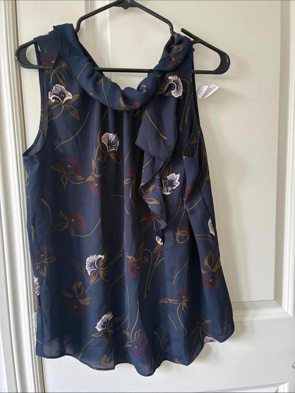 Ann Taylor Navy Floral Tie-Neck Shell with Pink Accents
